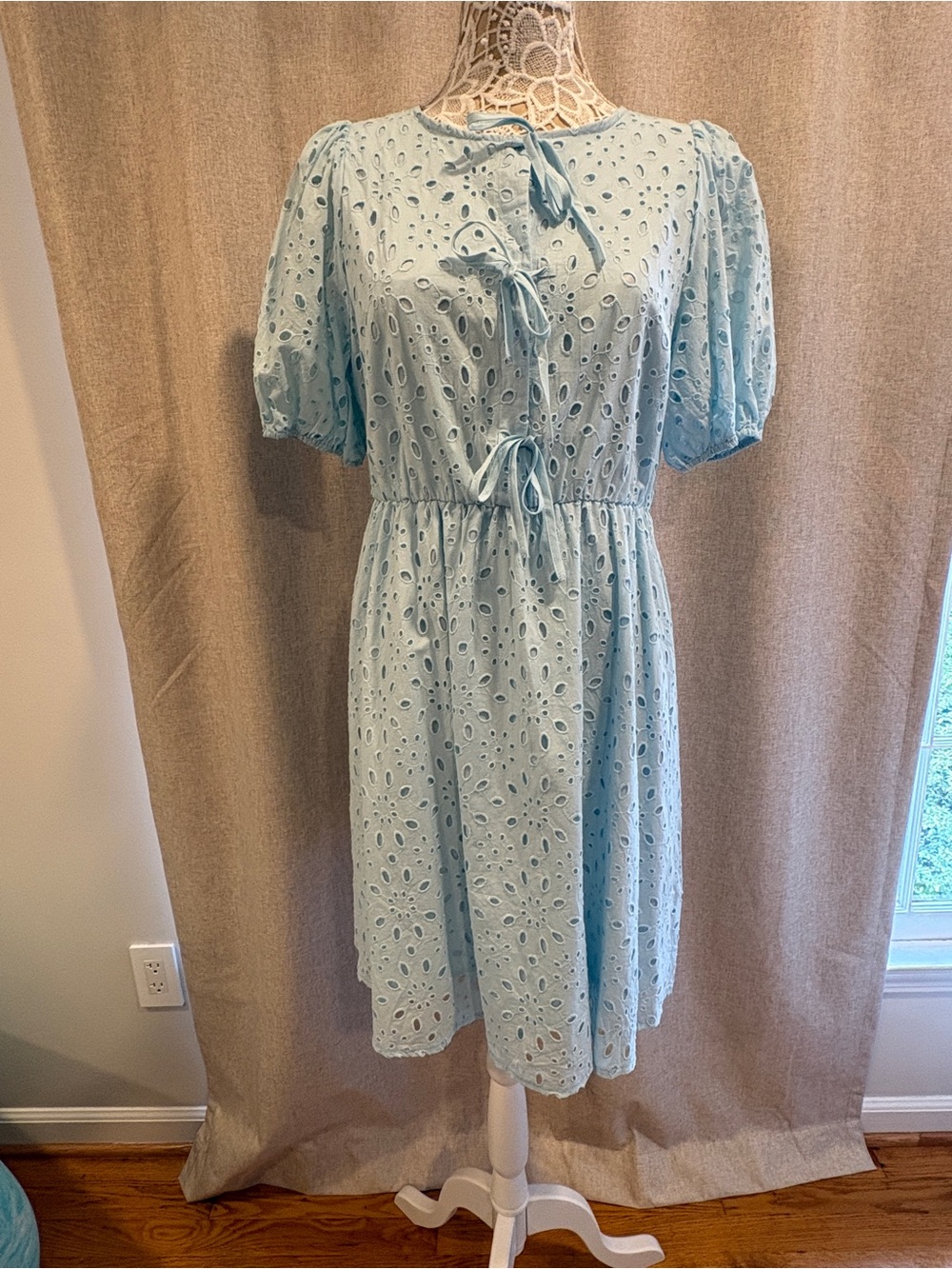 Light Blue Eyelet Tie-Front Midi Dress